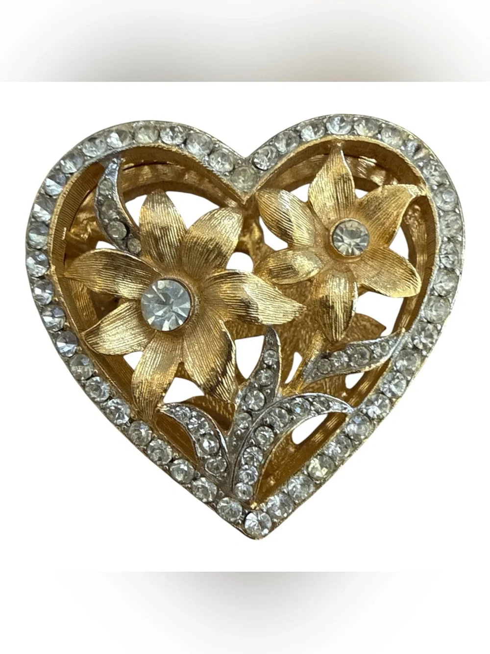 Vintage Kramer Heart Brooch Pin Gold Tone Rhinestone Floral Cut-Out